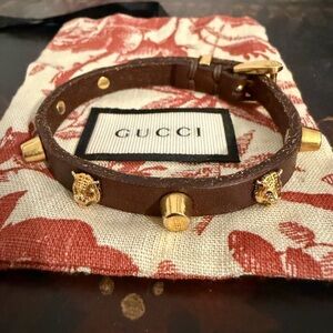 Gucci Brown Leather cat head Bracelet with Gold Studs
